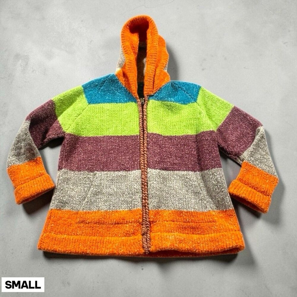 Vintage Handmade Knitted Wool Hoodie Sweater Rainbow Women’s SMALL Full Zip